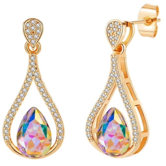 14K Yellow Gold with Iridescent AB Austrian Crystal Halo Teardrop Post Earrings - Picture 1 of 5